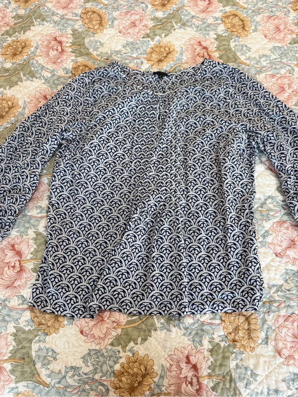 Blue & White Womens long Sleeve Blouse- Talbots 100% Cotton